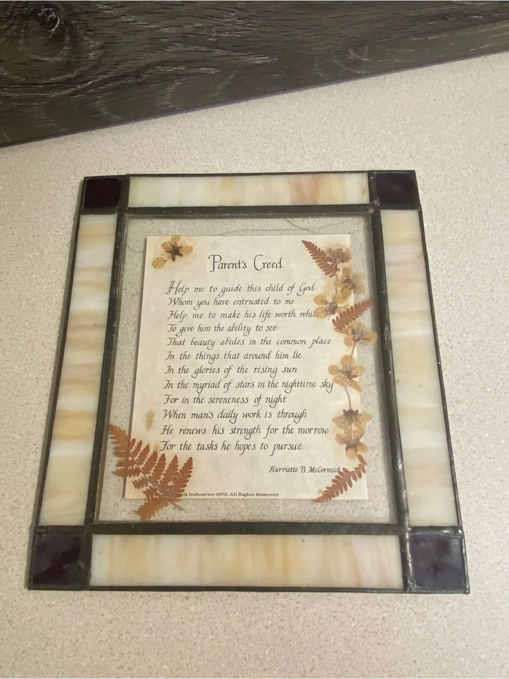 Vintage Wall Hanging Parents Creed Framed in Stained Glass Border